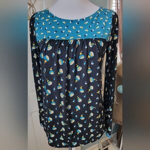 Boden Chepstow Long-sleeved Jersey Knit Blouse Women's 4 Blue Black Floral Flowy